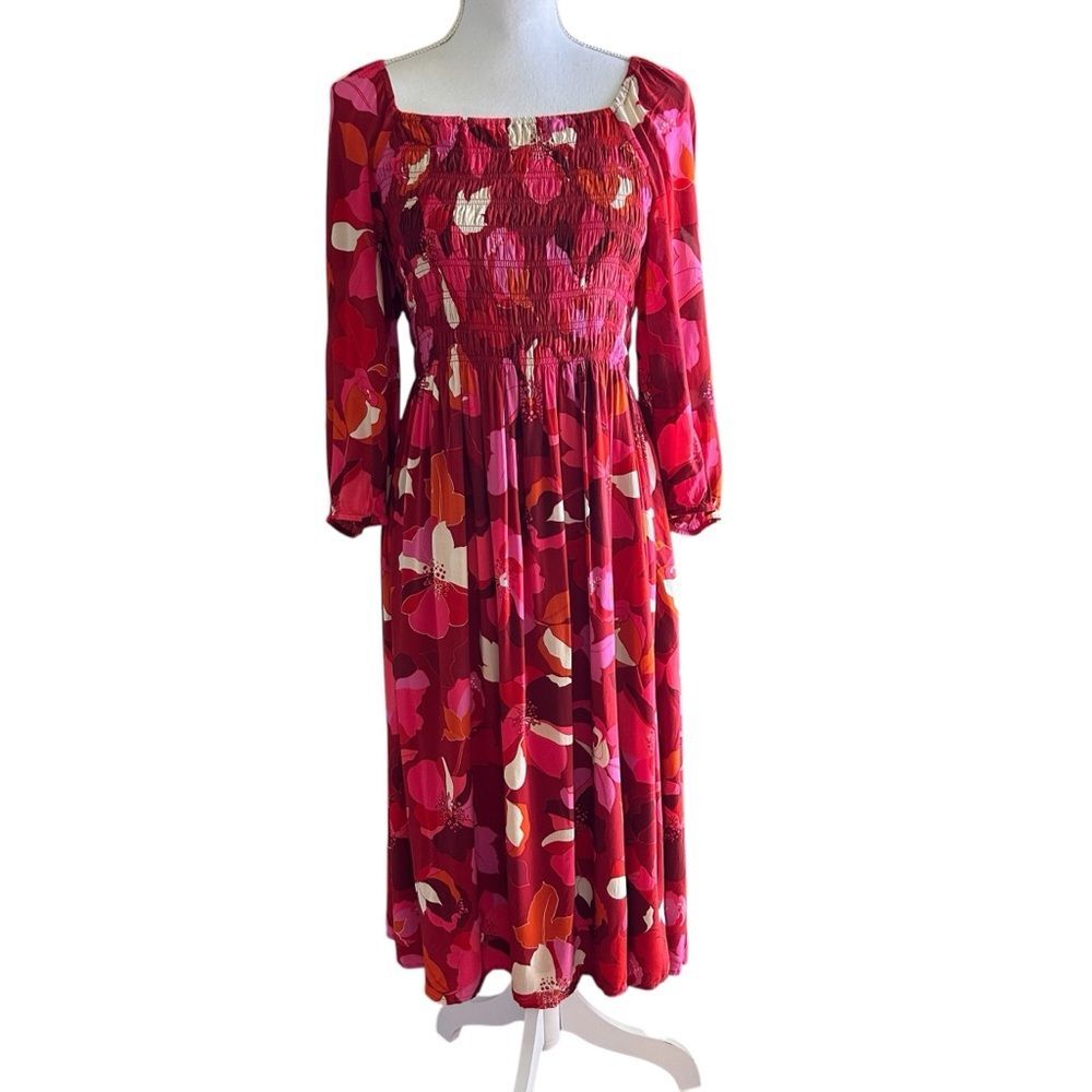 Black Rainn Red Floral Smocked Midi Dress Medium Boho Stretch Lined